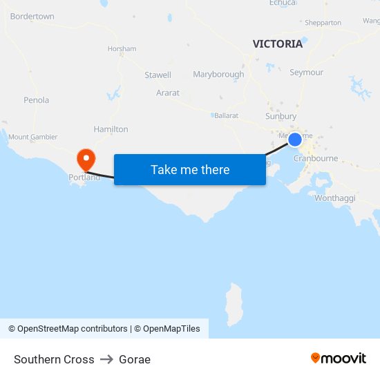 Southern Cross to Gorae map