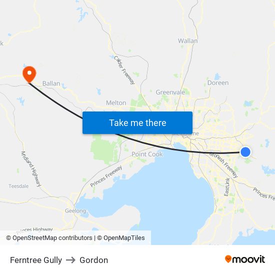 Ferntree Gully to Gordon map