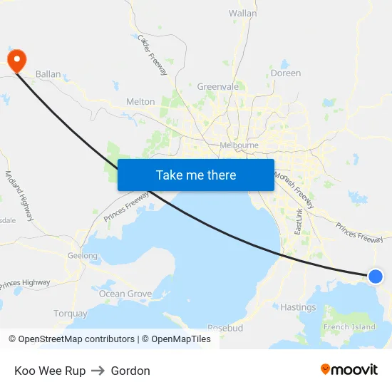 Koo Wee Rup to Gordon map