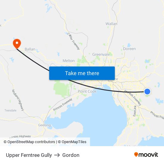 Upper Ferntree Gully to Gordon map