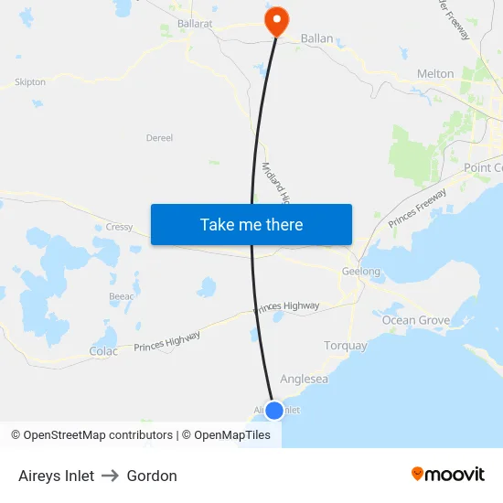 Aireys Inlet to Gordon map