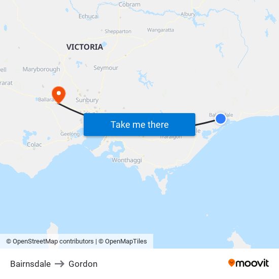 Bairnsdale to Gordon map