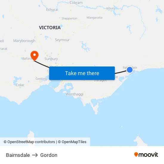 Bairnsdale to Gordon map