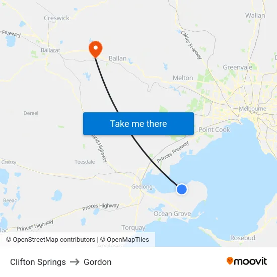 Clifton Springs to Gordon map