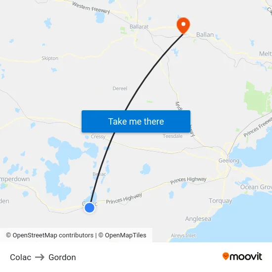 Colac to Gordon map