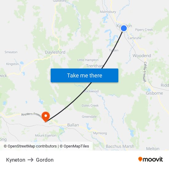 Kyneton to Gordon map