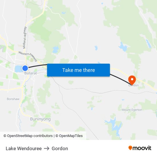 Lake Wendouree to Gordon map