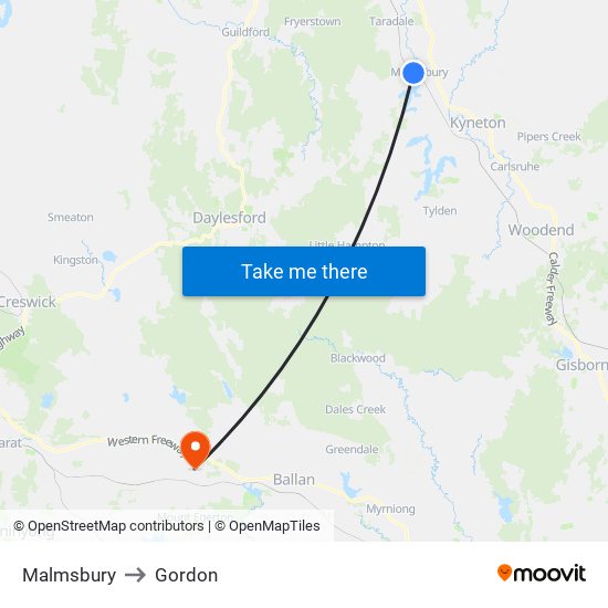 Malmsbury to Gordon map