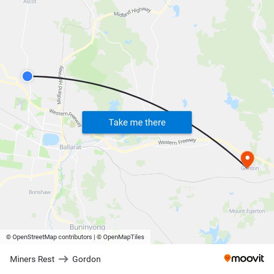 Miners Rest to Gordon map