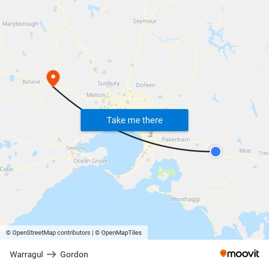 Warragul to Gordon map