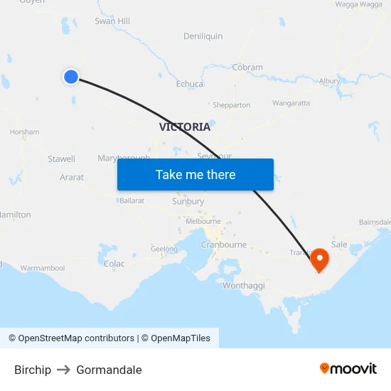 Birchip to Gormandale map