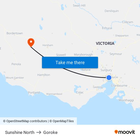 Sunshine North to Goroke map