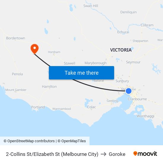 2-Collins St/Elizabeth St (Melbourne City) to Goroke map