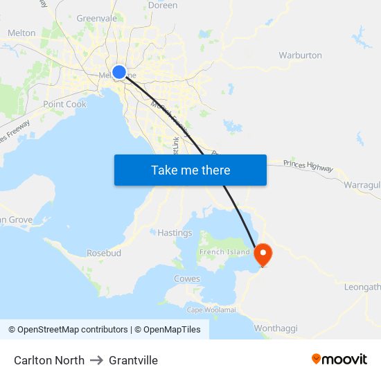 Carlton North to Grantville map