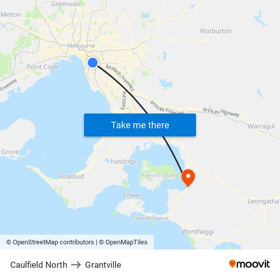 Caulfield North to Grantville map