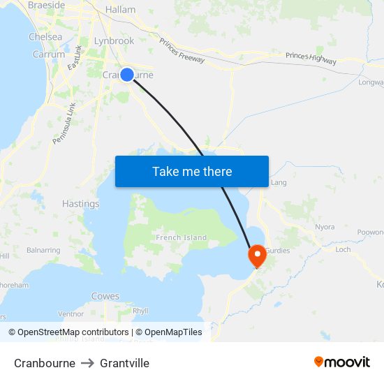 Cranbourne to Grantville map