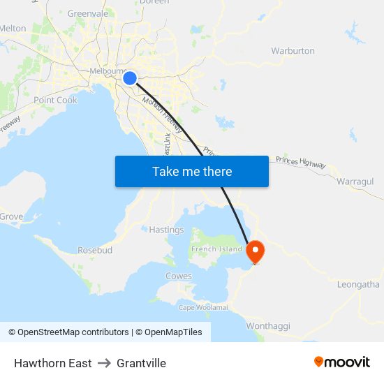 Hawthorn East to Grantville map