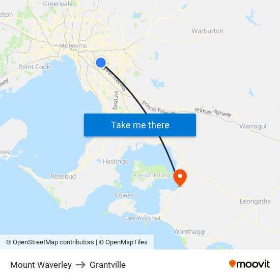 Mount Waverley to Grantville map