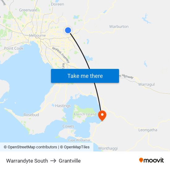 Warrandyte South to Grantville map