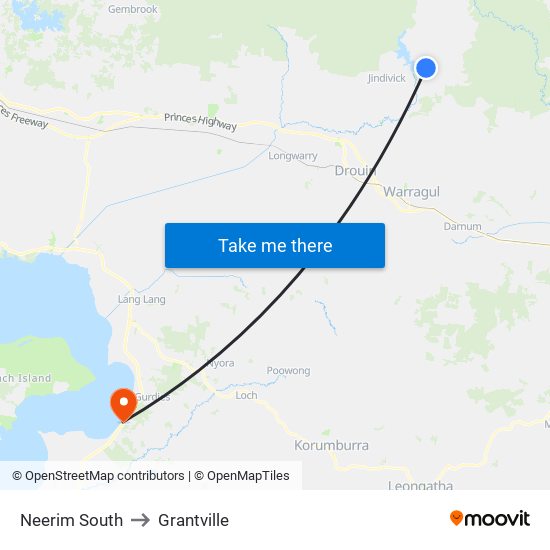 Neerim South to Grantville map