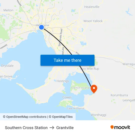 Southern Cross Station to Grantville map