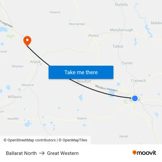 Ballarat North to Great Western map