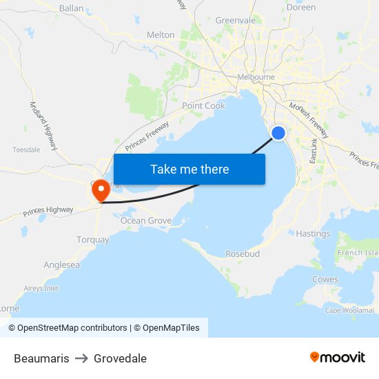 Beaumaris to Grovedale map