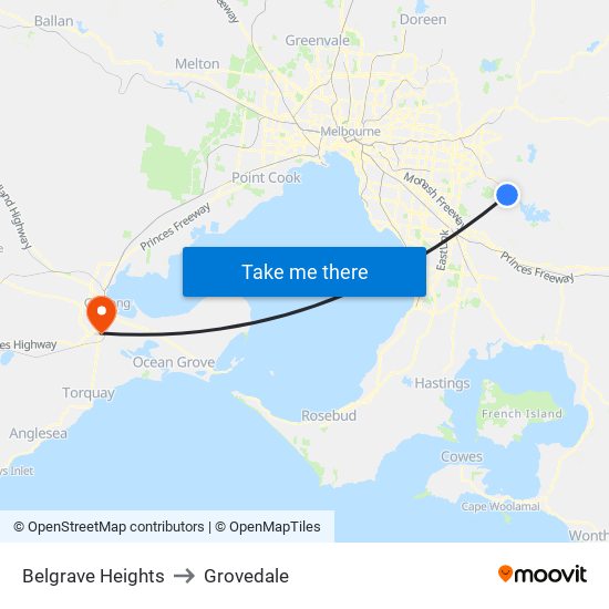 Belgrave Heights to Grovedale map