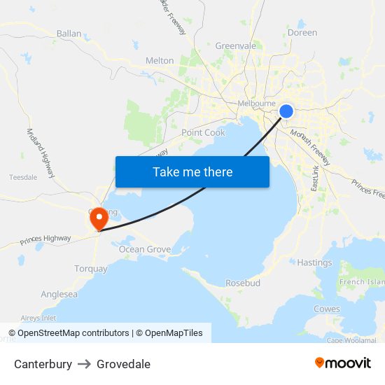 Canterbury to Grovedale map