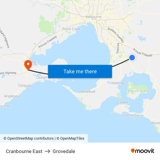 Cranbourne East to Grovedale map