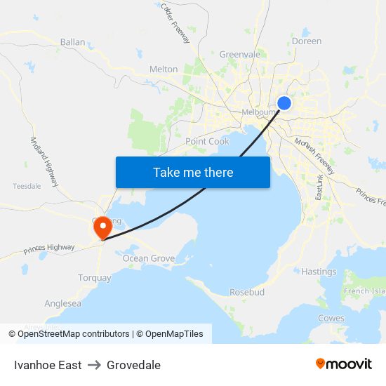 Ivanhoe East to Grovedale map