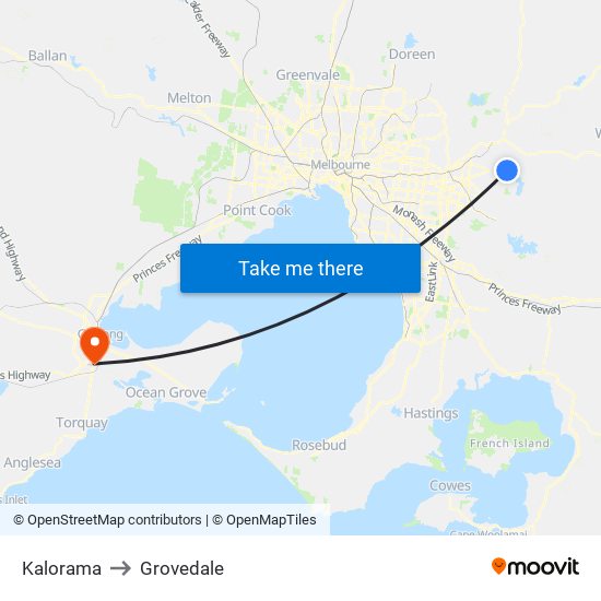 Kalorama to Grovedale map