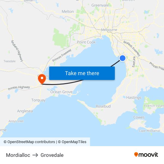 Mordialloc to Grovedale map