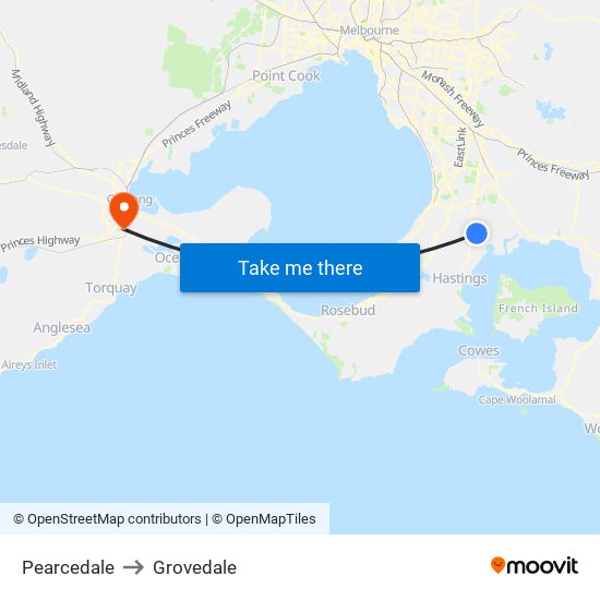 Pearcedale to Grovedale map