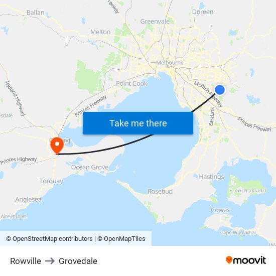 Rowville to Grovedale map