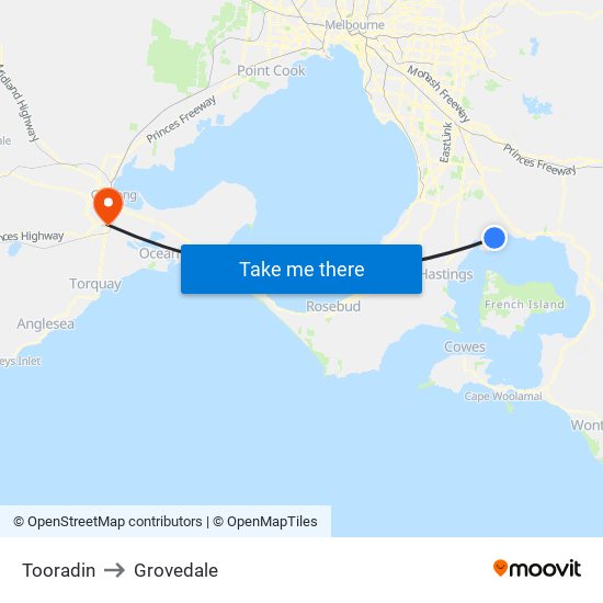 Tooradin to Grovedale map