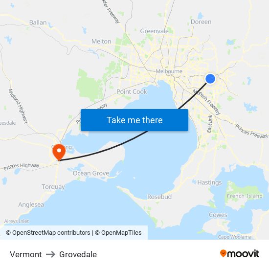 Vermont to Grovedale map