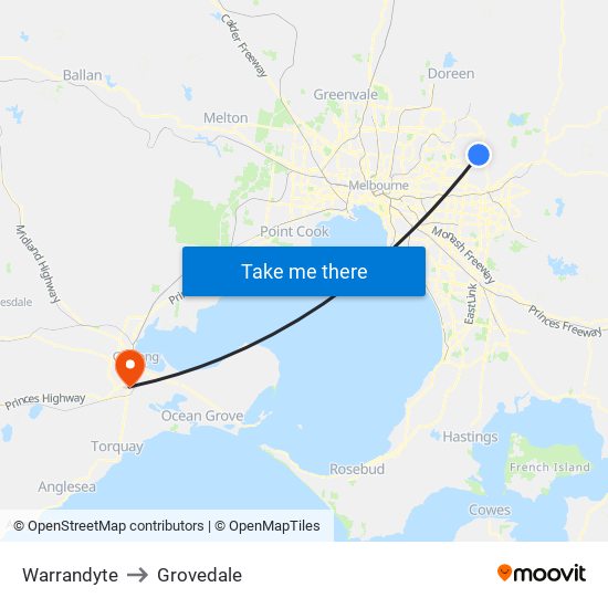 Warrandyte to Grovedale map
