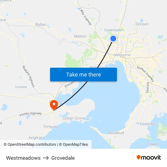 Westmeadows to Grovedale map