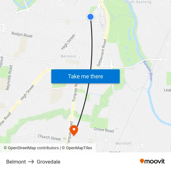 Belmont to Grovedale map
