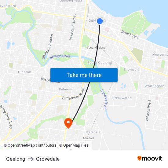 Geelong to Grovedale map