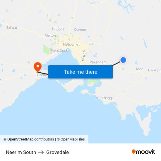 Neerim South to Grovedale map