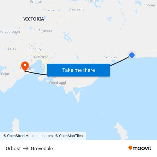 Orbost to Grovedale map