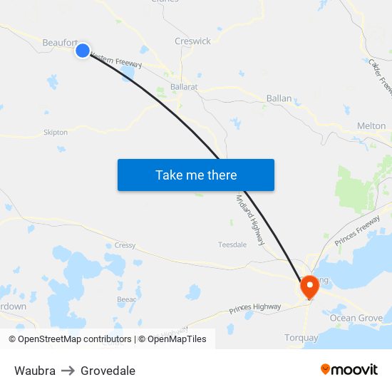 Waubra to Grovedale map