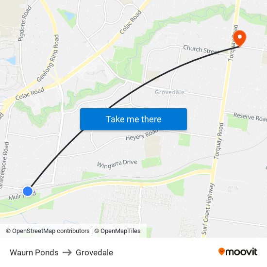 Waurn Ponds to Grovedale map