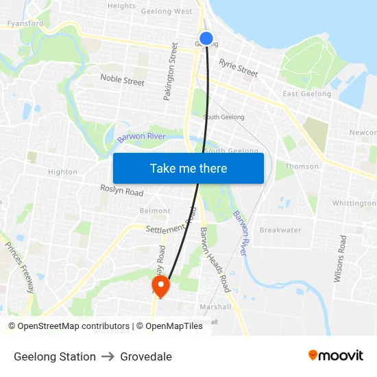 Geelong Station to Grovedale map