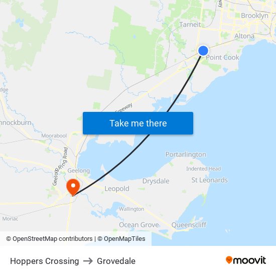 Hoppers Crossing to Grovedale map