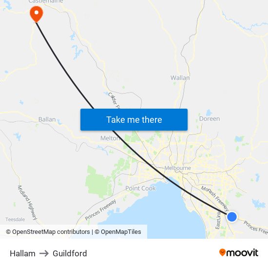 Hallam to Guildford map