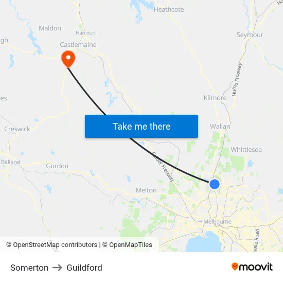 Somerton to Guildford map