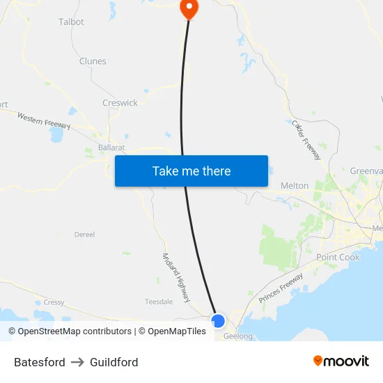 Batesford to Guildford map